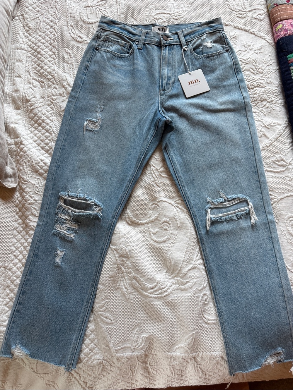 JBD Light Blue High Rise Distressed Straight-Leg Jeans